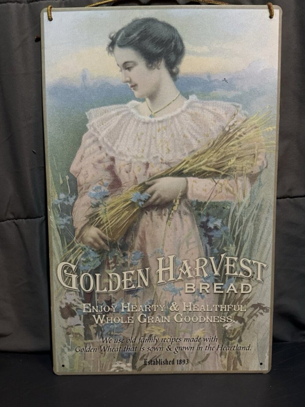 Vintage Tin Sign Golden Harvest Bread Reprint 16”L x 10”W Victorian Country Farm